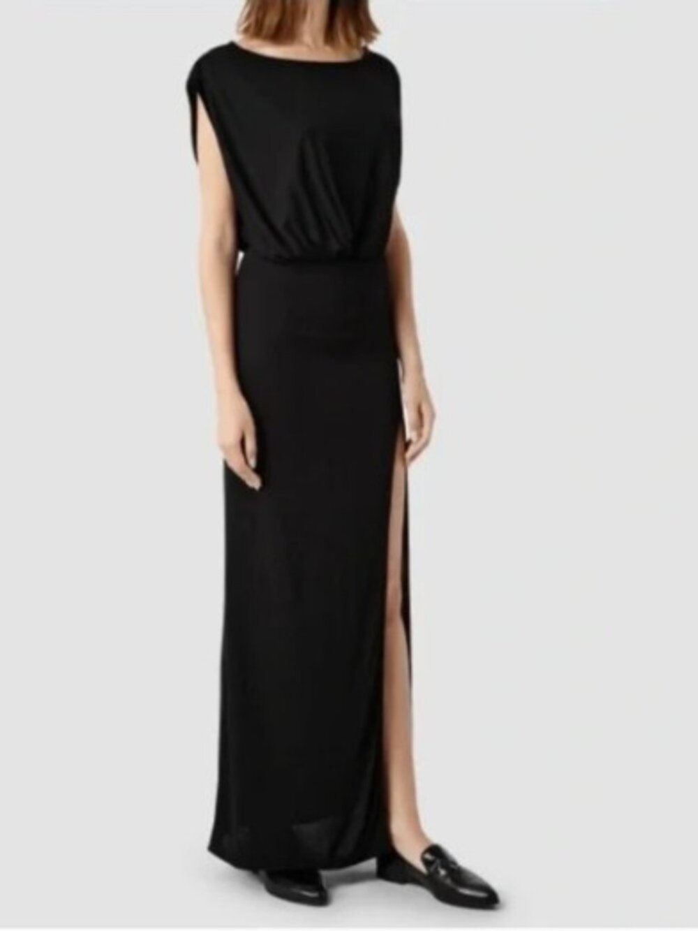 All Saints Muse Black Draped Maxi Dress with Side Slit, L, NWT